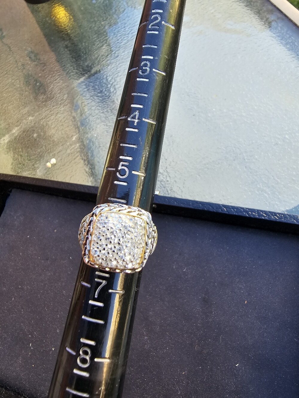 LARGE SILVERPLATE RING WITH CRYSTAL PAVE STONES AND GOLD ACCENT SIZE 6